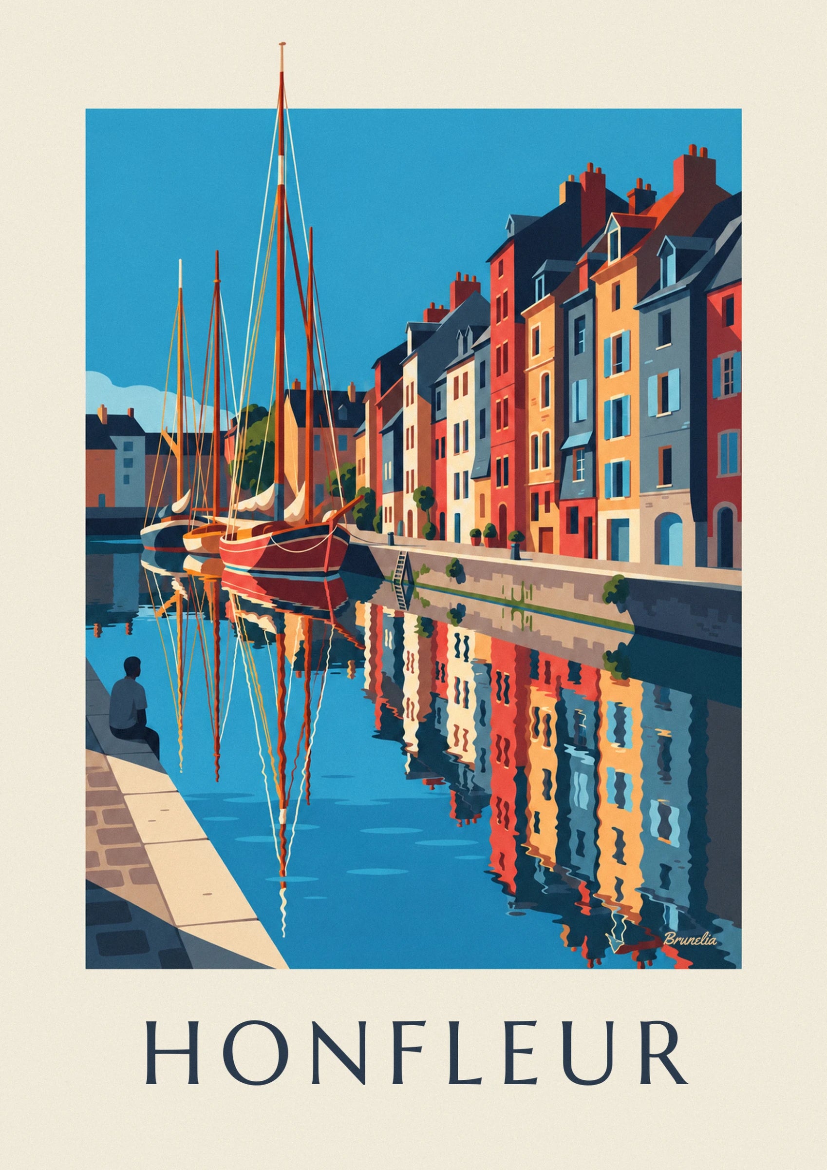 Narrow red, yellow and blue-grey façades with blue shutters, lined up along the quay