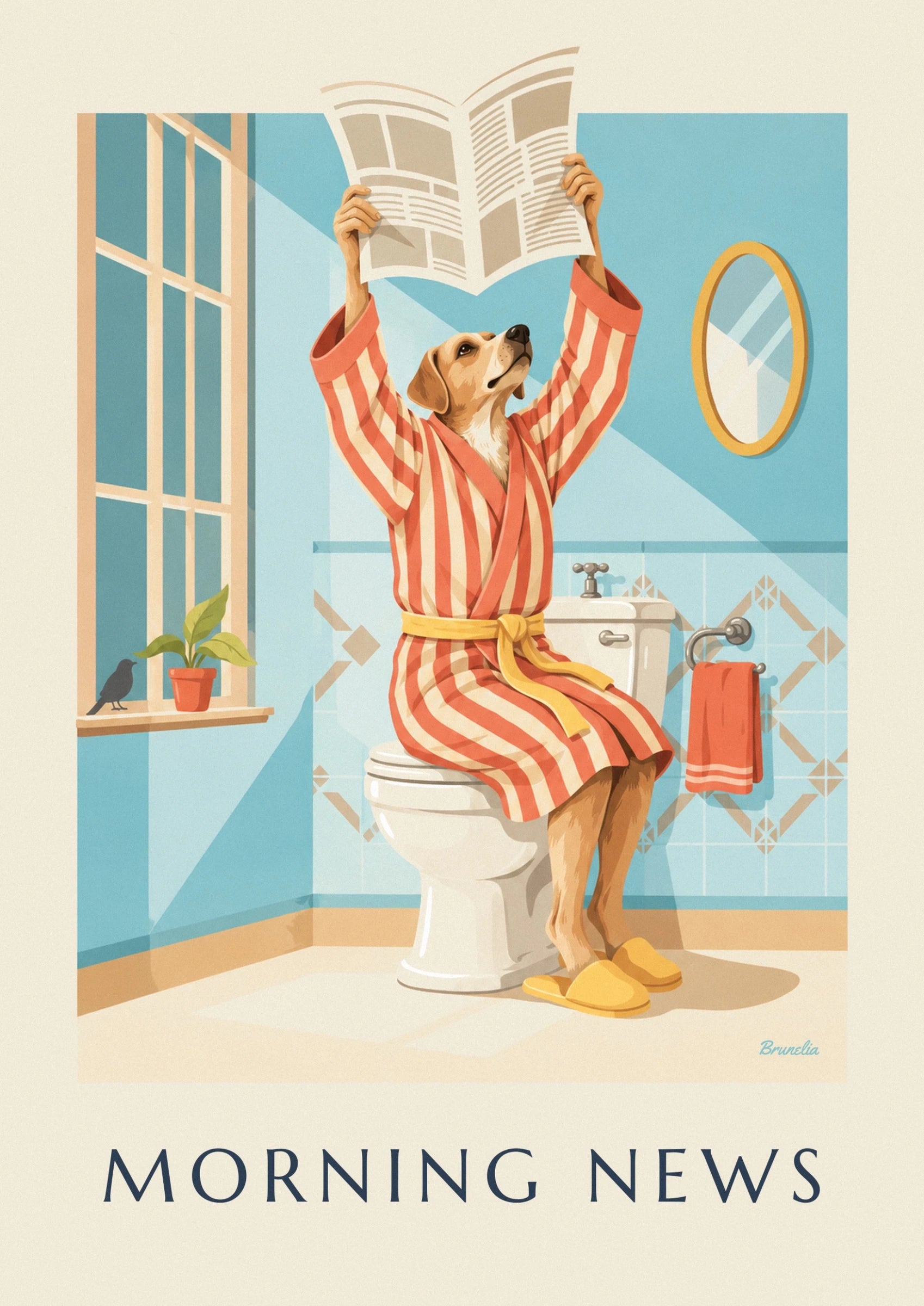 The dog in an orange and cream striped dressing gown, holding an open newspaper at paw's length