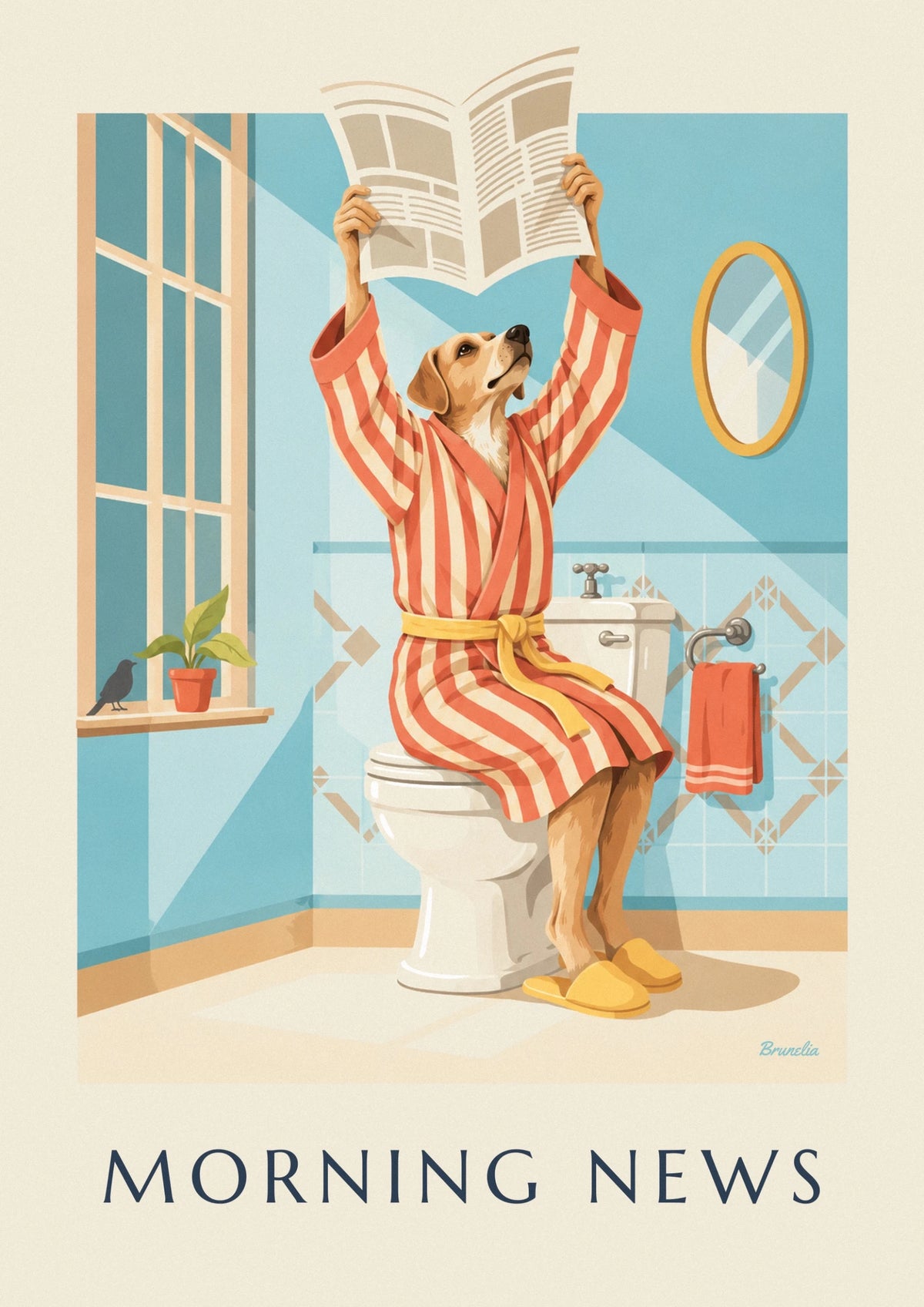 Affiche chien en peignoir lisant le journal aux toilettes