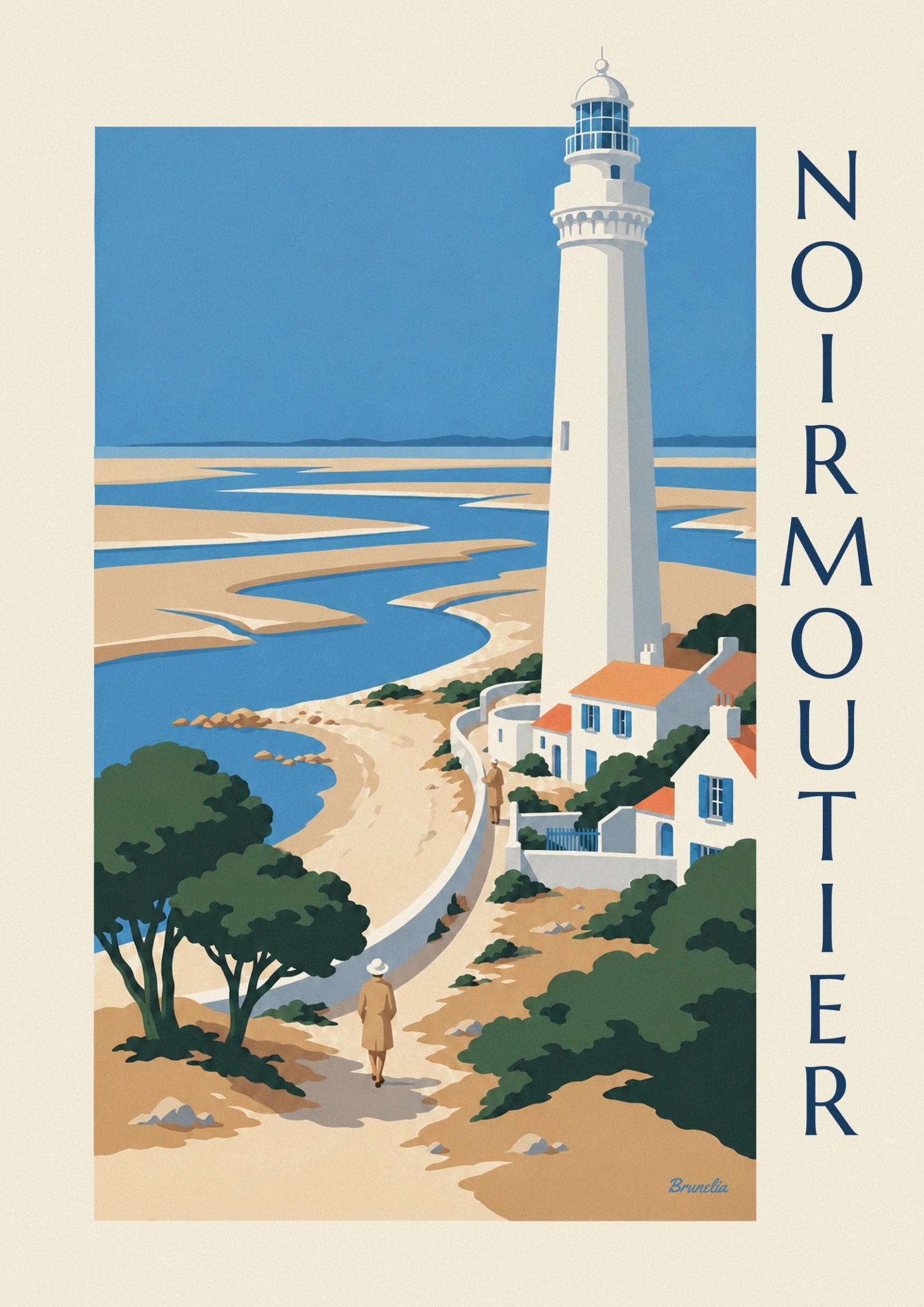 Le phare blanc de Noirmoutier, sa lanterne vitrée et ses rambardes sur fond bleu