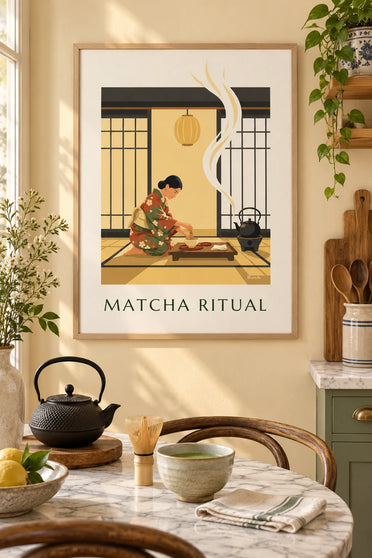 Affiche cérémonie du thé et bol de matcha au Japon : encadrée au mur