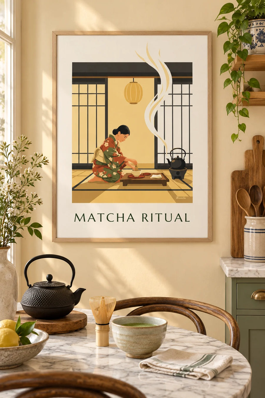 Affiche cérémonie du thé et bol de matcha au Japon : encadrée au mur
