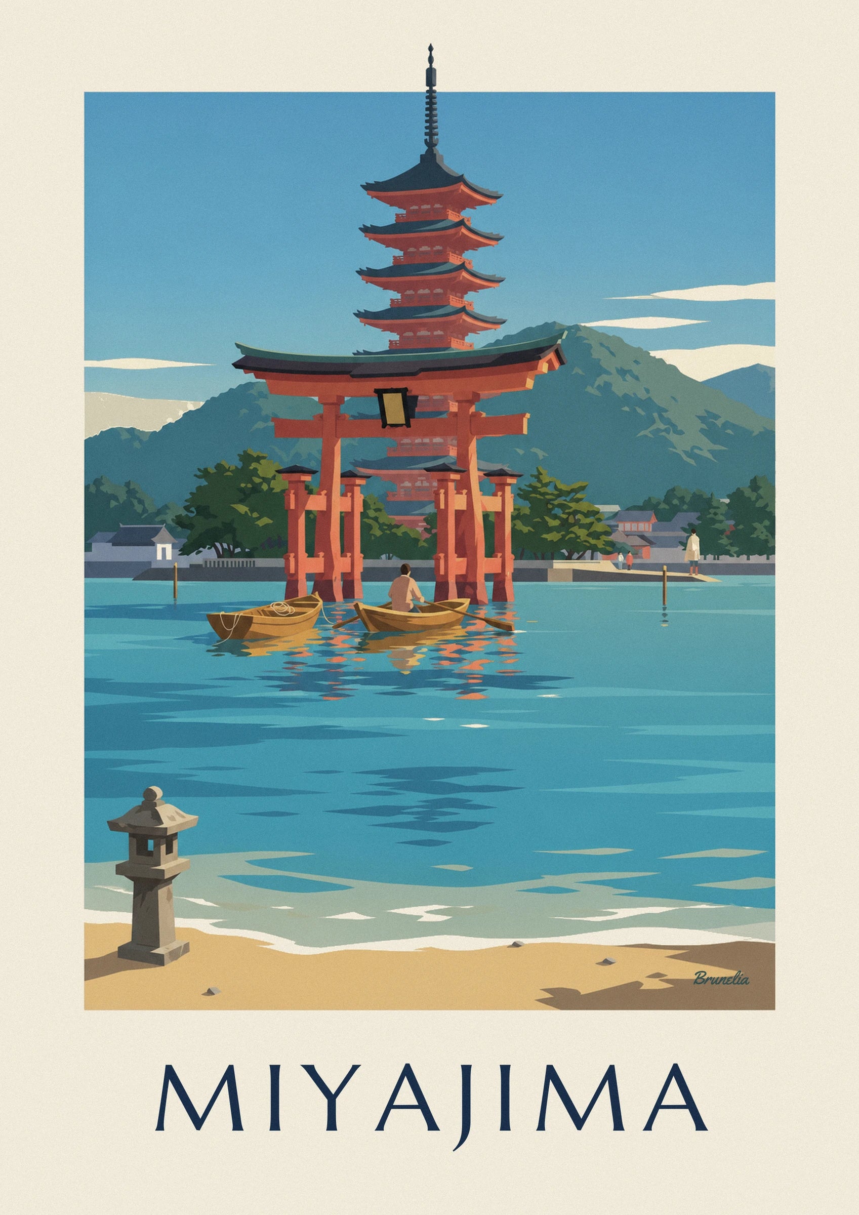 Das große rote Torii im Wasser, dahinter die 5-stöckige Pagode und ein goldenes Boot
