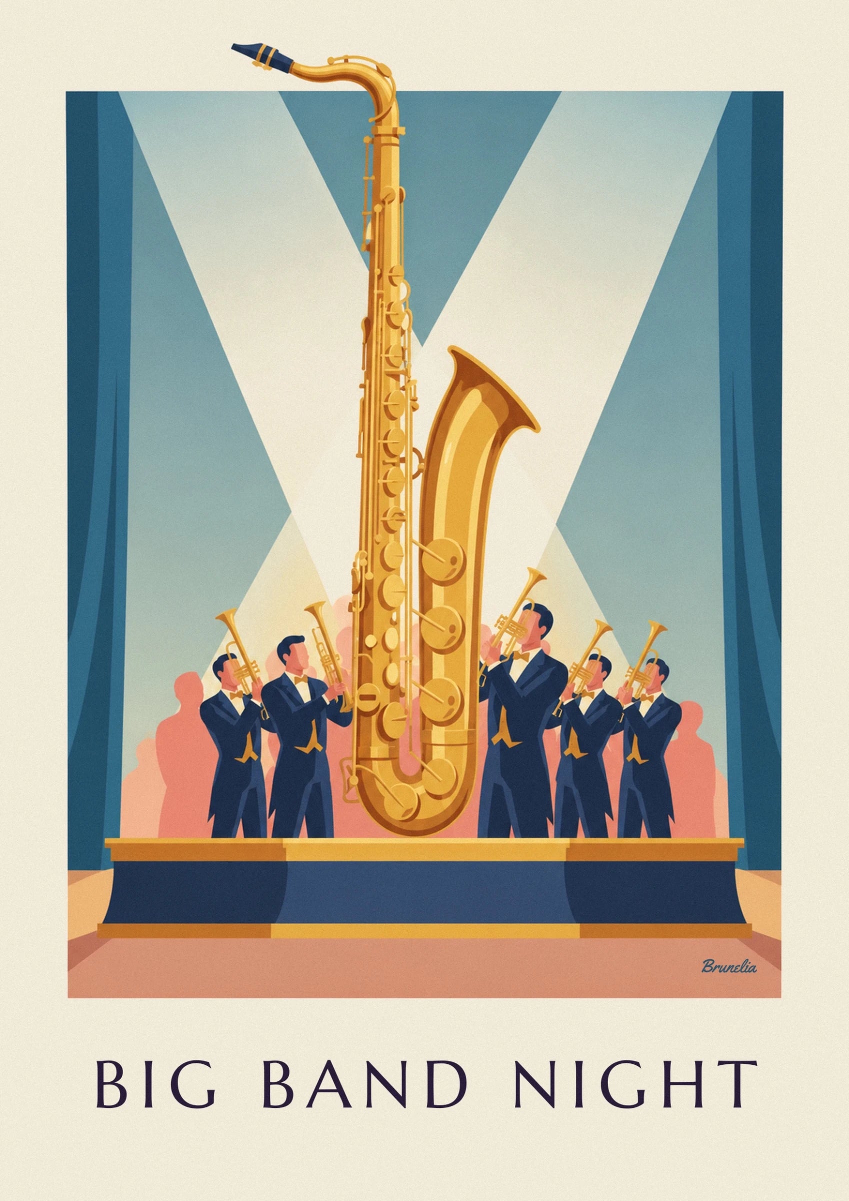 The large keys of the golden saxophone in front of the trumpeters in blue suits