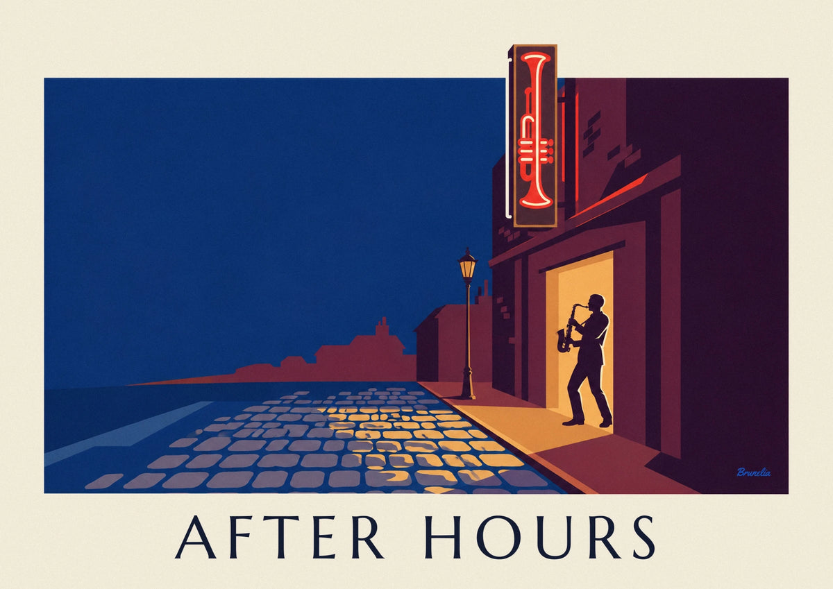 Neon sign of a jazz club at night poster