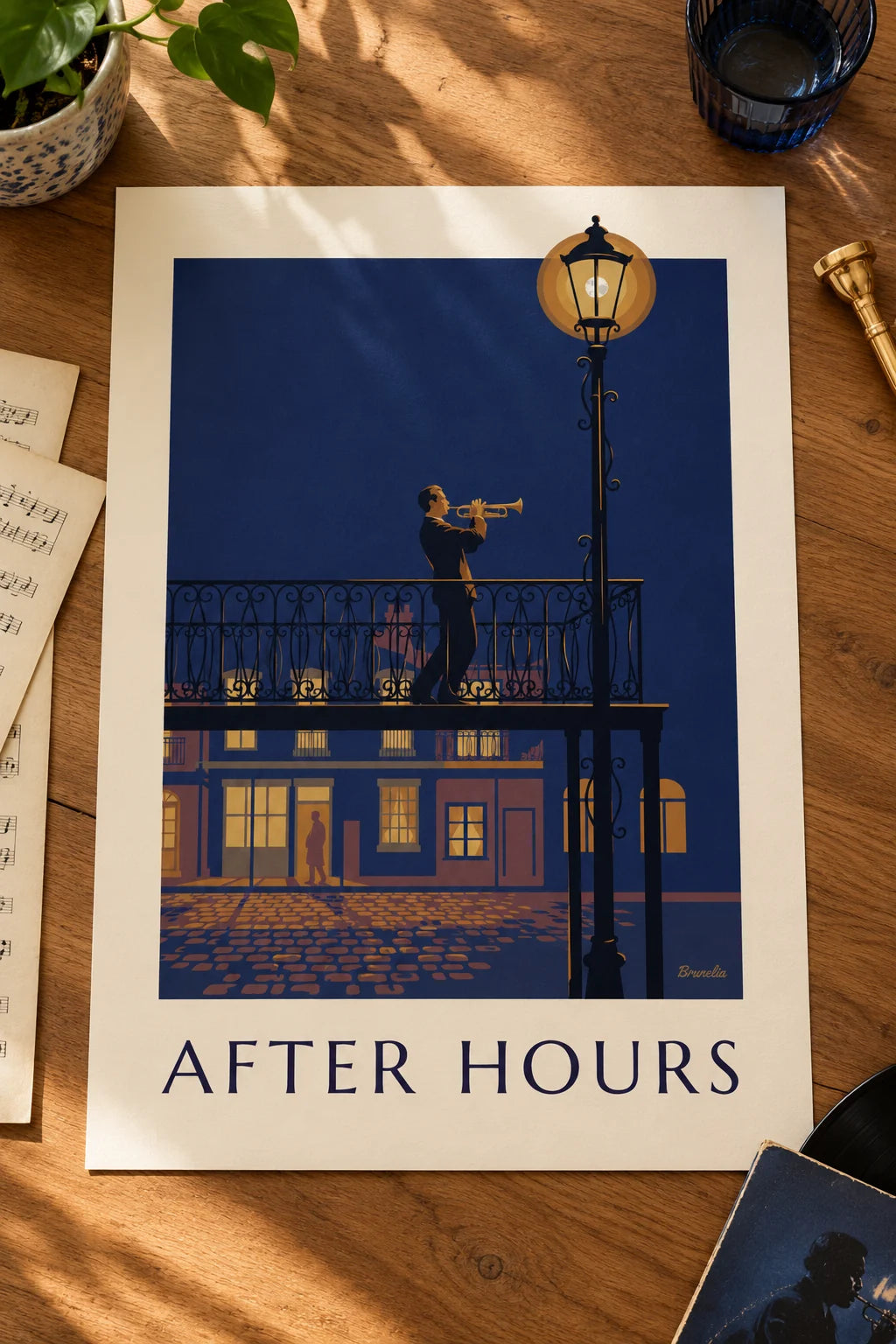 Living room: Jazz trumpeter on a wrought-iron balcony at night poster on the wall