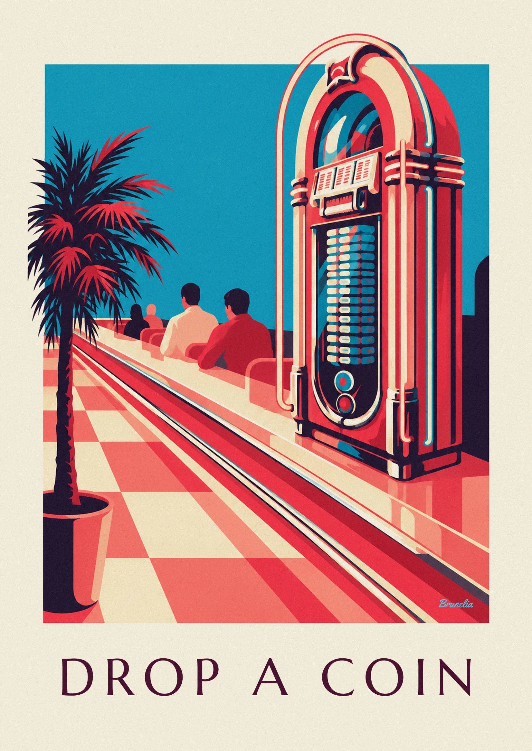 The red and cream jukebox, its turquoise keys and glowing curves