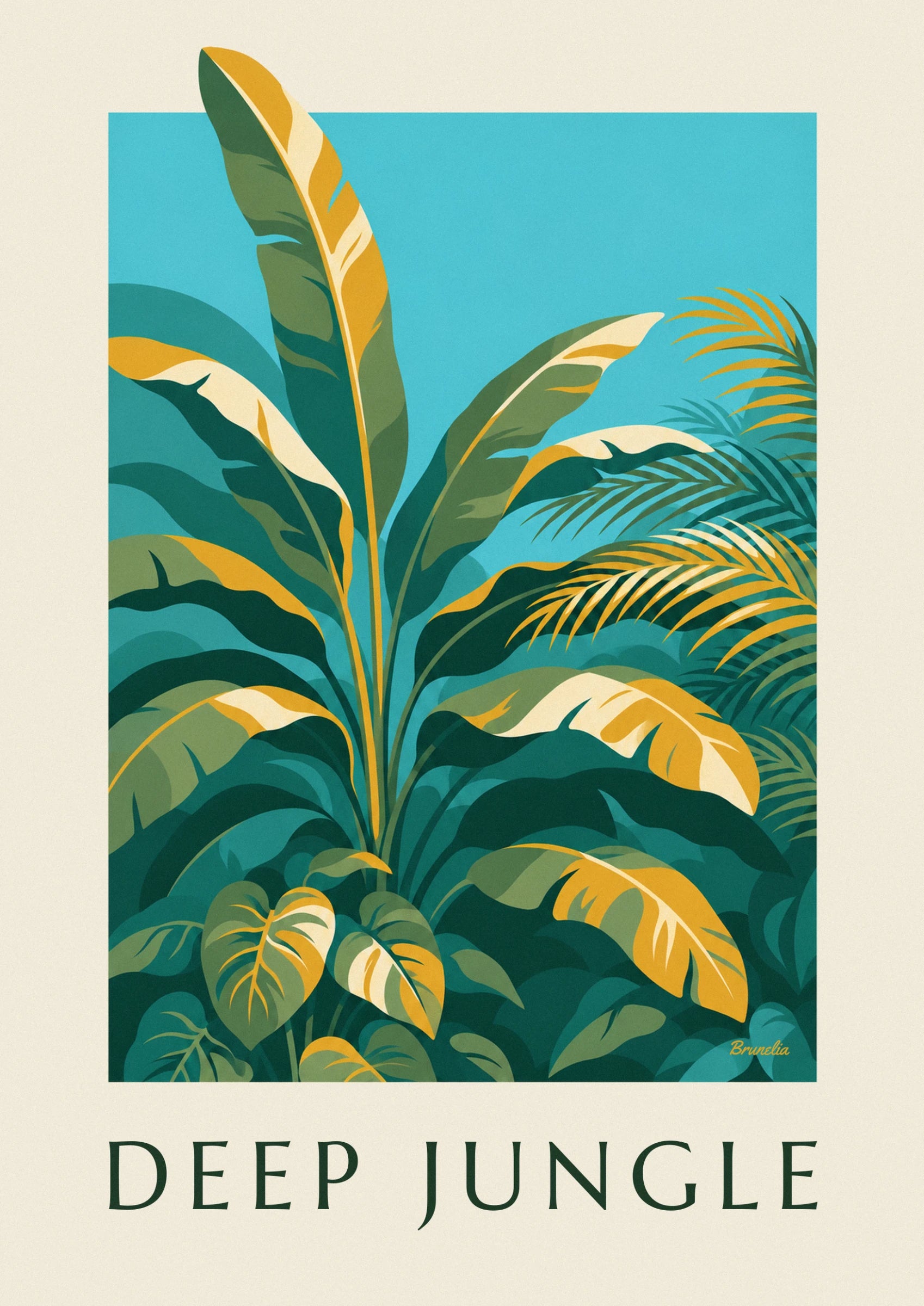 A large olive-green and mustard banana leaf rising against a turquoise sky