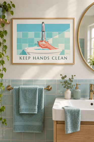 Poster „Keep hands clean“ zum Händewaschen: gerahmt an der Wand