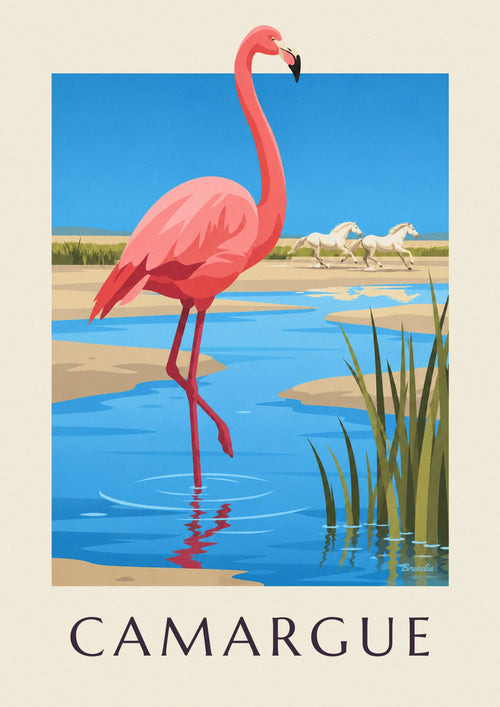 Poster of a pink flamingo and wild horses of the Camargue: the full poster