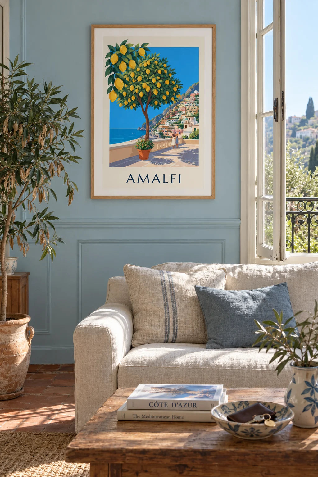 Lemons and Amalfi Coast village poster on the wall