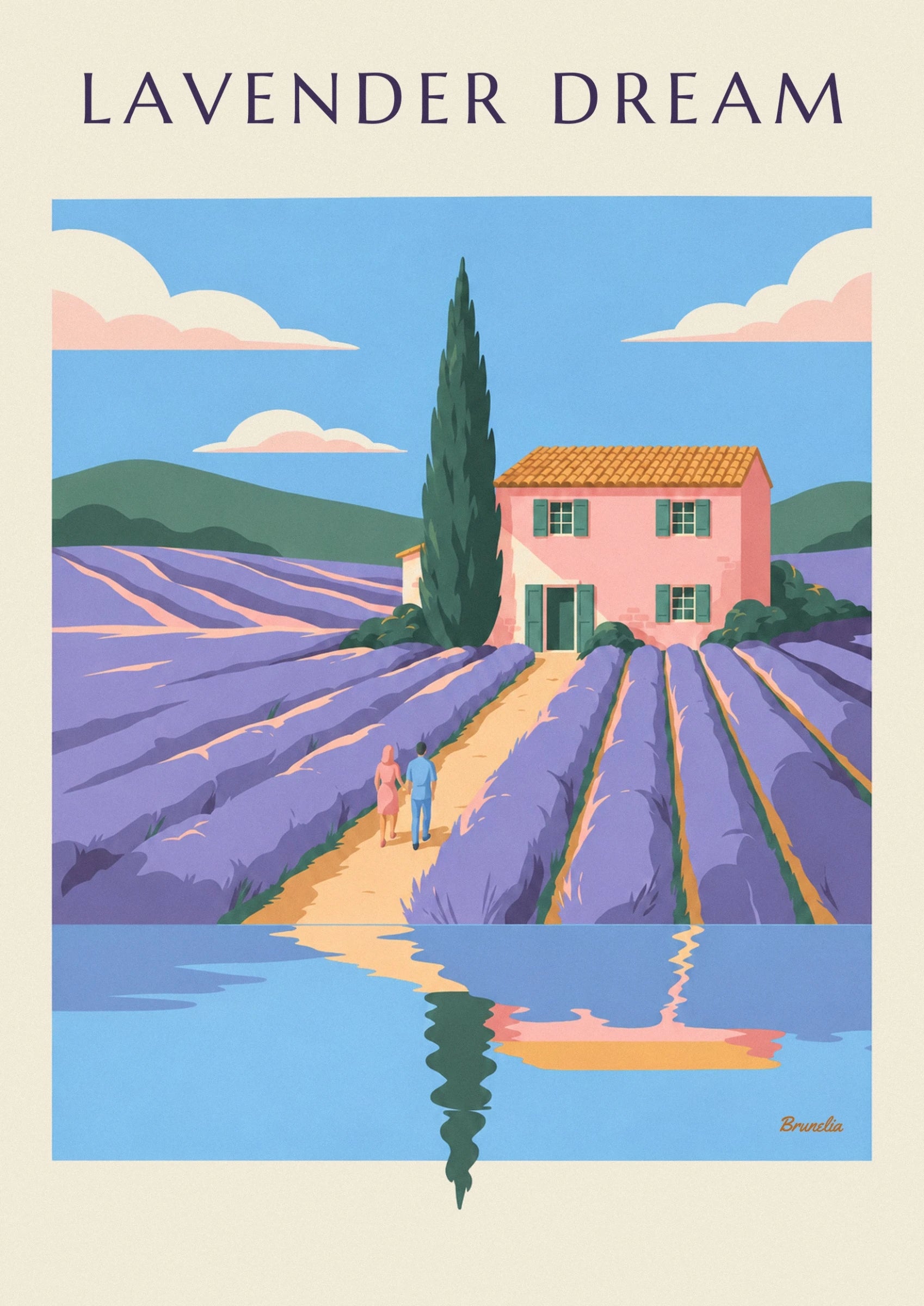The pink house with green shutters and a tiled roof, bordered by lavender