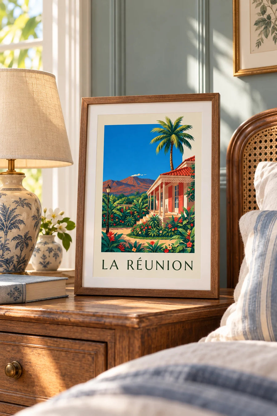 Poster kreolisches Haus und Piton de la Fournaise auf La Réunion: kleines Format A4 im Rahmen