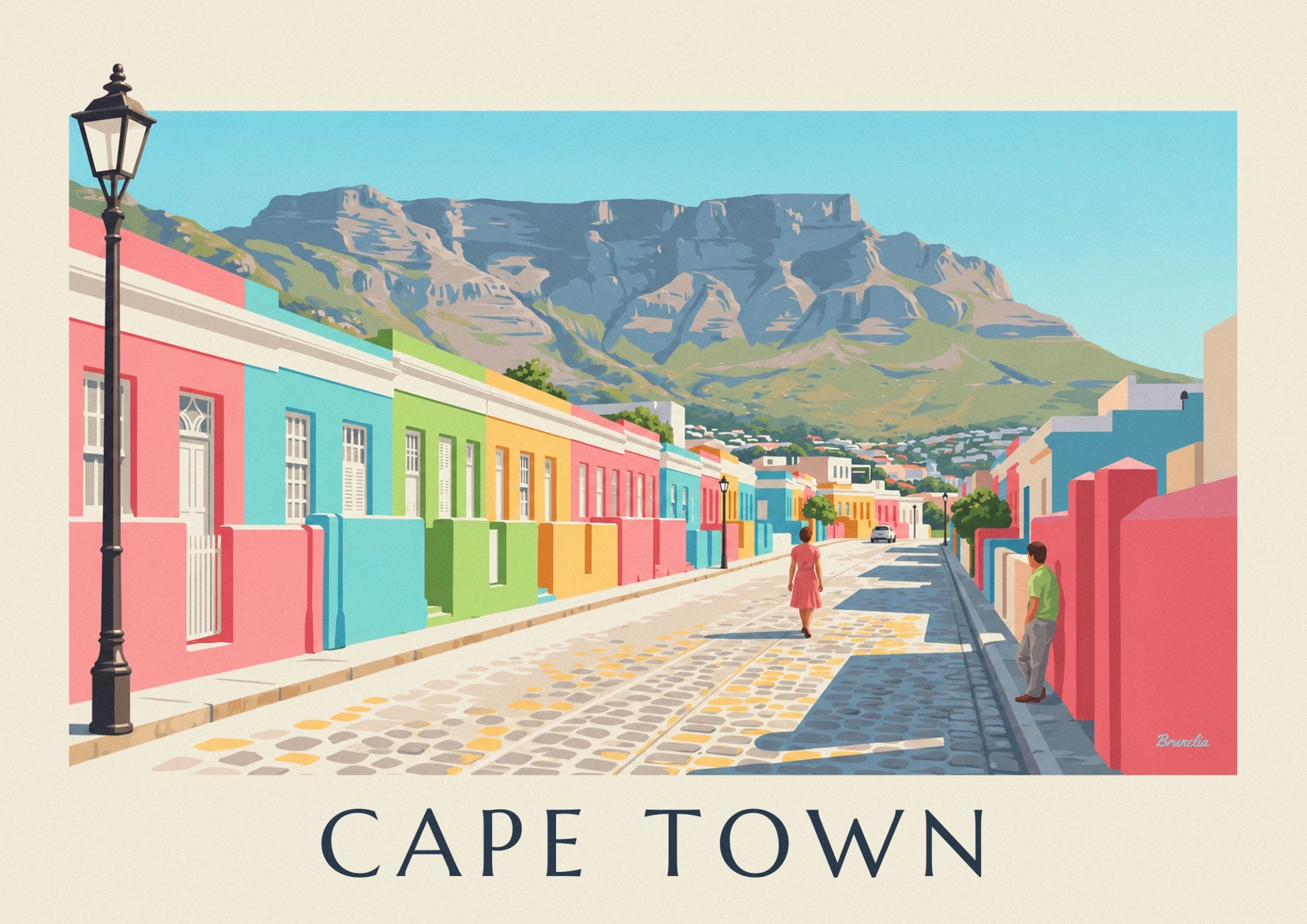 The turquoise, green and yellow façades of Bo-Kaap at the foot of the mountain