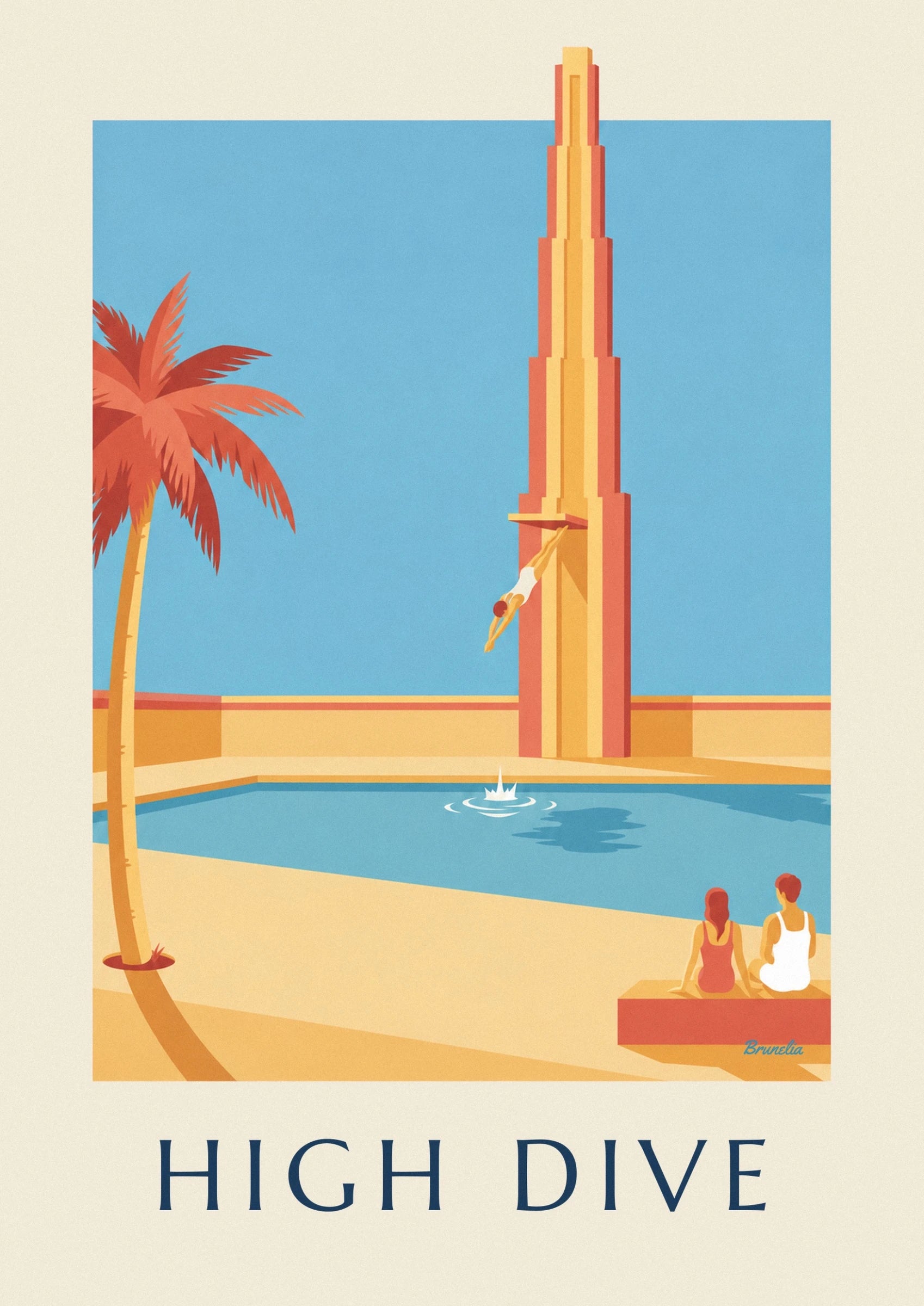 Le plongeur en maillot blanc, bras tendus vers la piscine, au pied du plongeoir