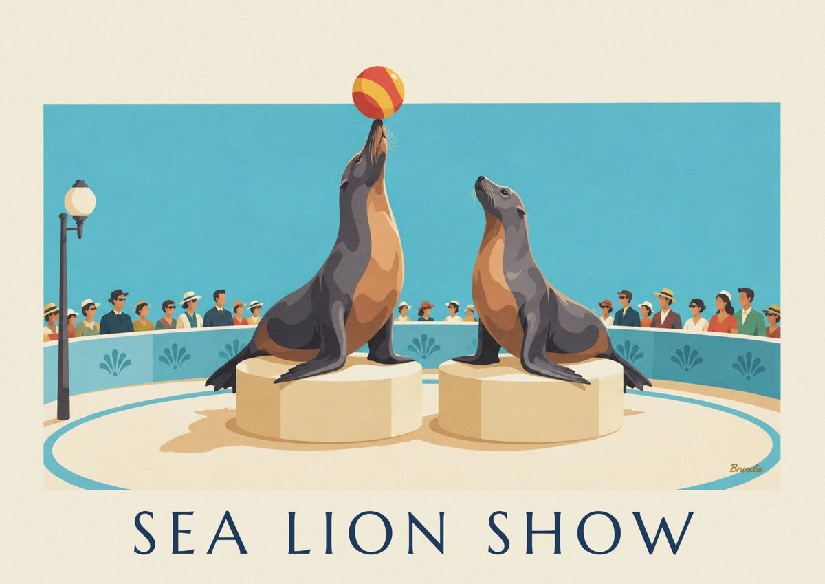 Sea lions juggling balloons on the circus ring poster