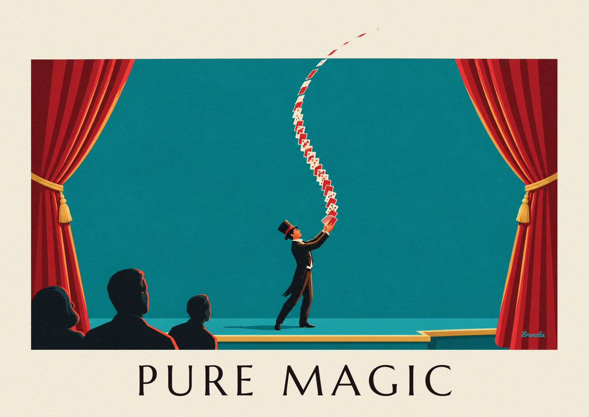 Affiche magicien en haut-de-forme et tour de cartes sur scène