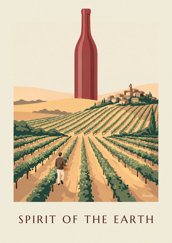 Red wine bottle among countryside vines poster