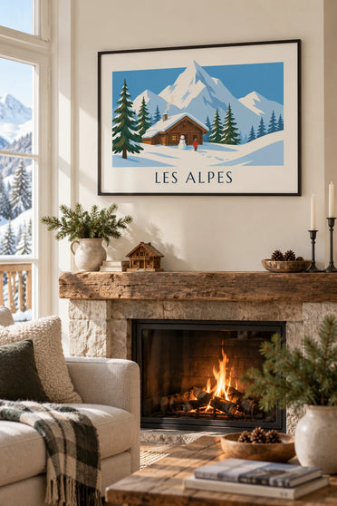 Affiche chalet enneigé et bonhomme de neige dans les Alpes : encadrée au mur