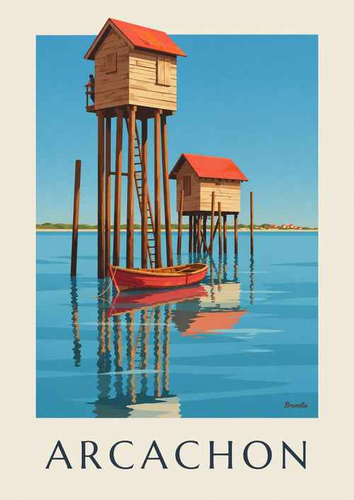 Affiche cabanes tchanquées sur pilotis dans le bassin d'Arcachon : l'affiche entière