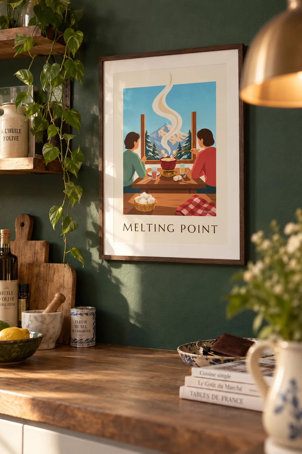 Mise en situation de Affiche fondue savoyarde dans un chalet face à la montagne
