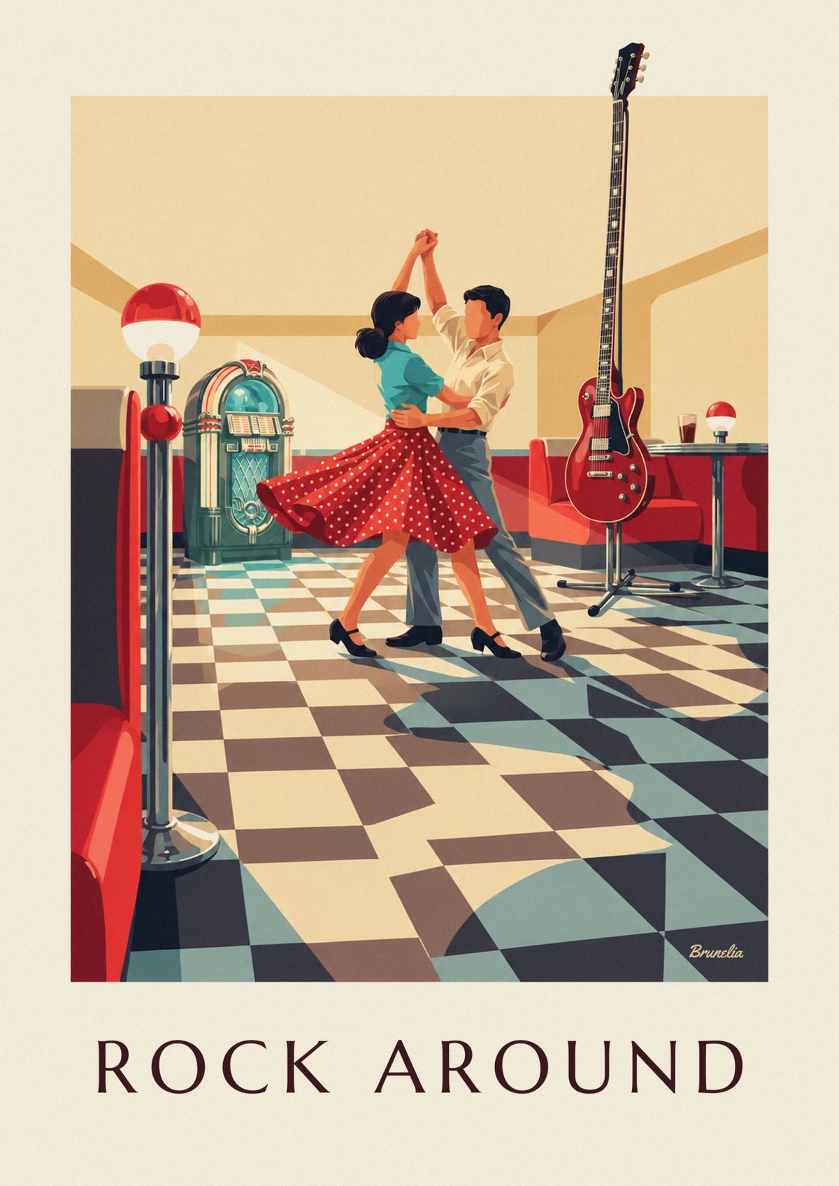 Affiche danseurs de rock'n'roll devant un juke-box