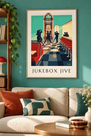 Poster Jukebox und Silhouetten von Rock-'n'-Roll-Tänzern: gerahmt an der Wand