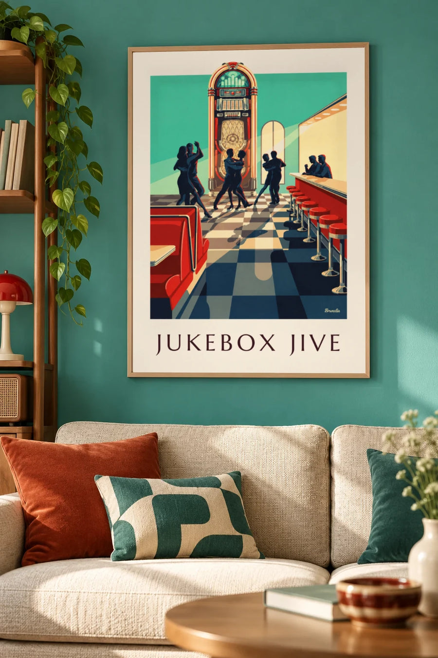 Poster Jukebox und Silhouetten von Rock-'n'-Roll-Tänzern: gerahmt an der Wand