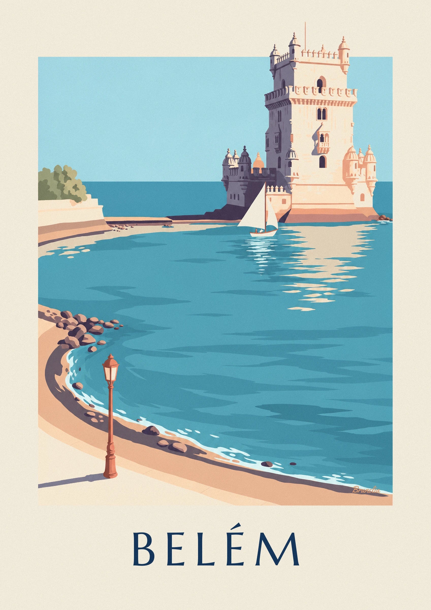 Der helle Steinturm von Belém und sein weißes Segelboot auf dem Tejo