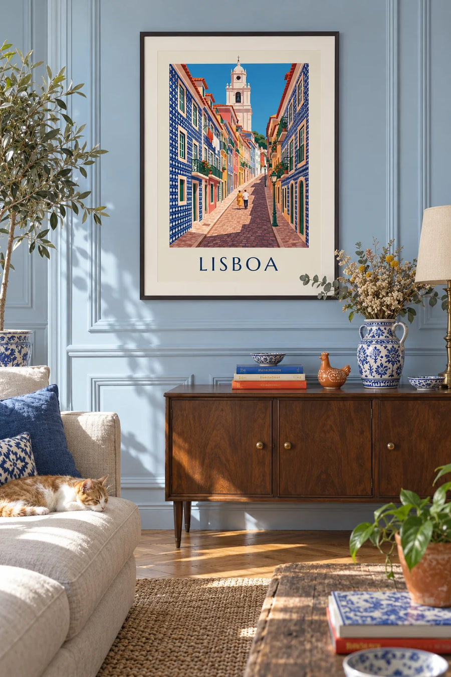Poster of a Lisbon alley with azulejo-tiled facades: framed on the wall