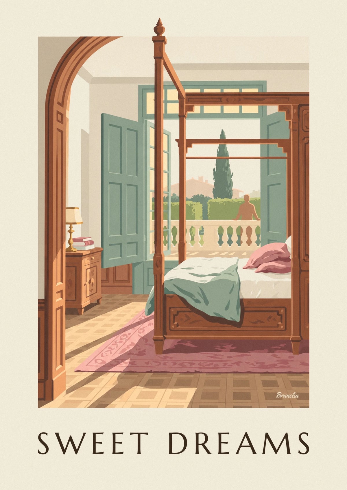 Poster antikes Holzbett mit Schnitzereien in einem sonnigen Schlafzimmer