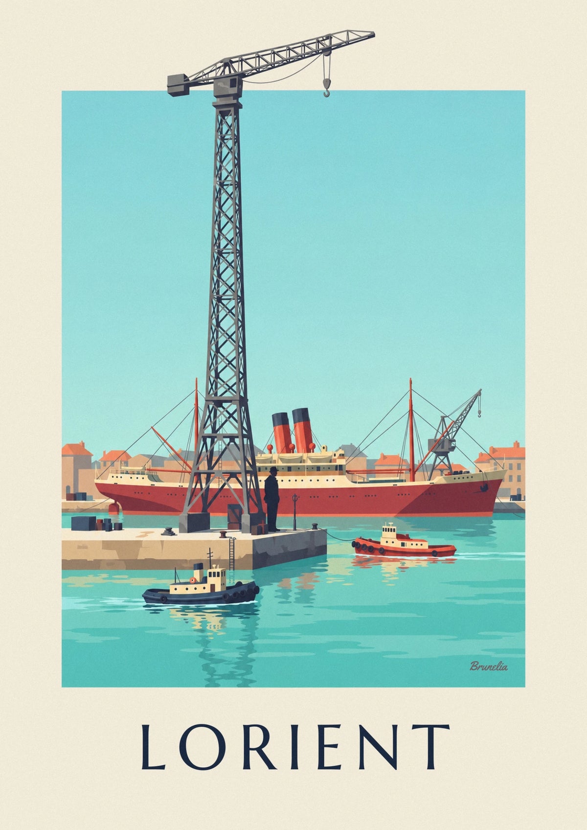 Port of Lorient and docked cargo ship poster