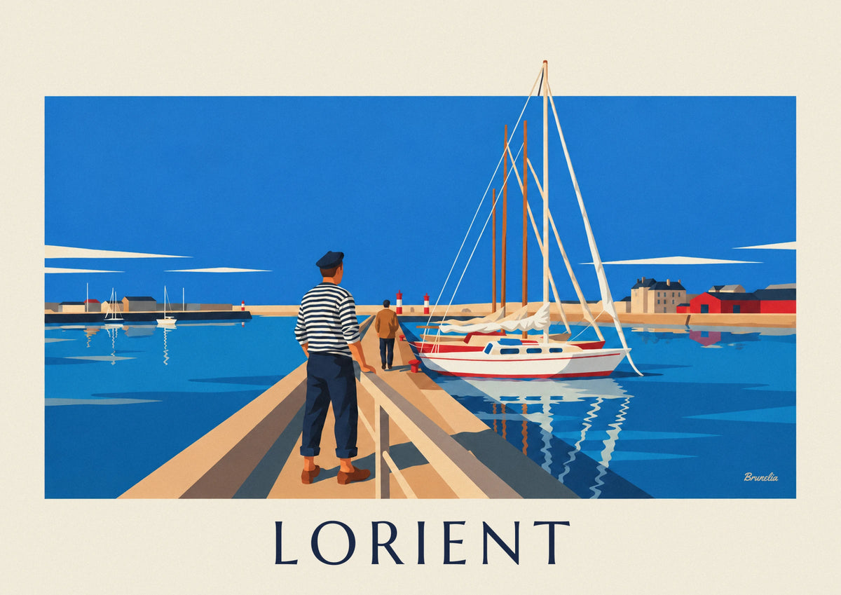 Lorient sailor in striped top and sailboats poster