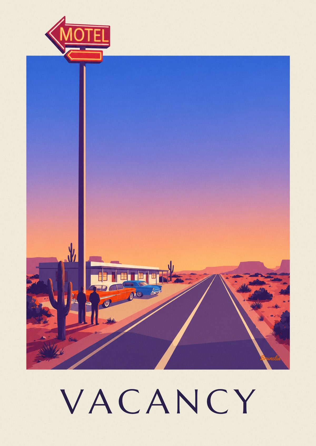 Poster Neonschild eines Motels an einer Wüstenstraße
