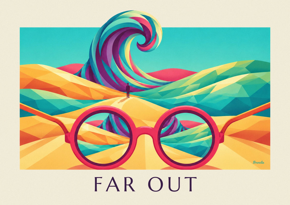 Affiche lunettes de soleil psychédéliques et paysage cosmique