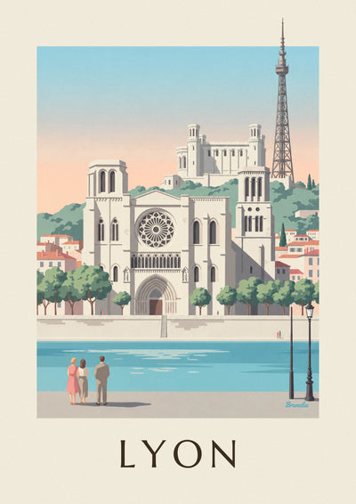 Affiche cathédrale Saint-Jean et quais de Saône à Lyon : l'affiche entière