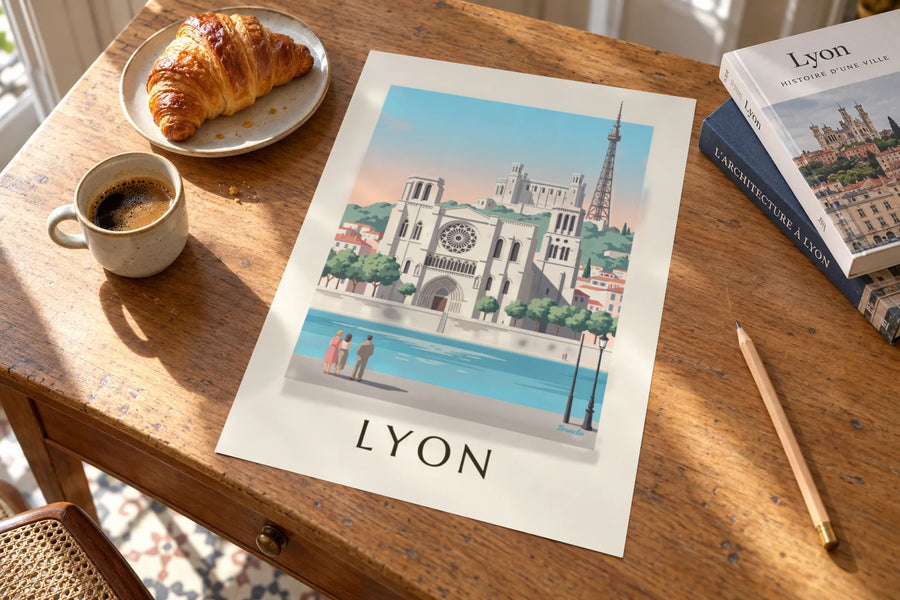 Affiche cathédrale Saint-Jean et quais de Saône à Lyon : posée sur une table