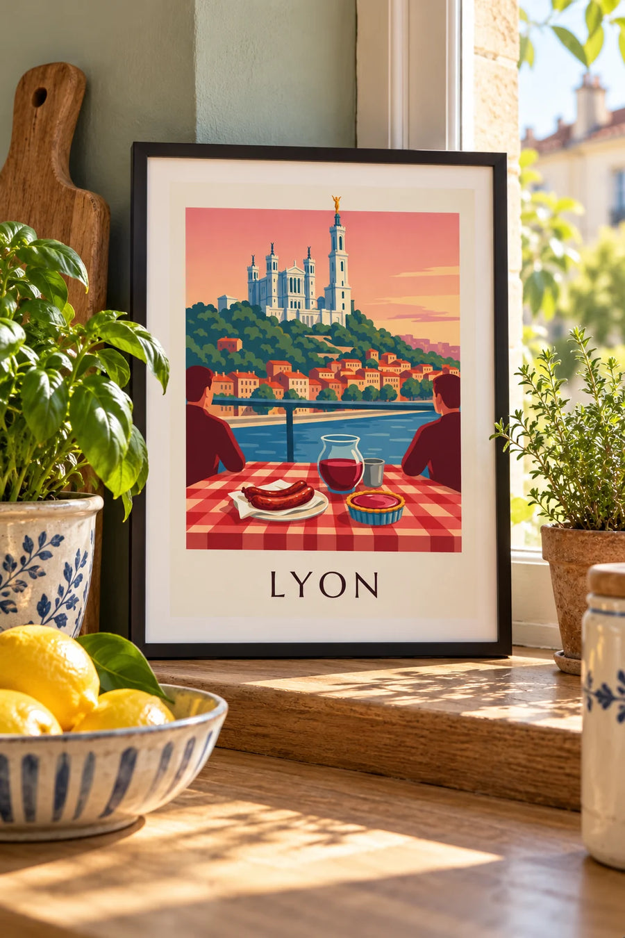 Affiche bouchon lyonnais face à la Saône et à Fourvière : petit format A4 encadré