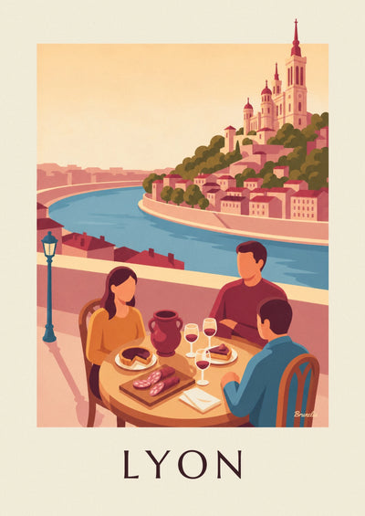 Affiche bouchon lyonnais face à la Saône et à Fourvière : l'affiche entière
