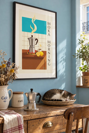 Poster of a moka pot on the stove in a kitchen: framed on the wall