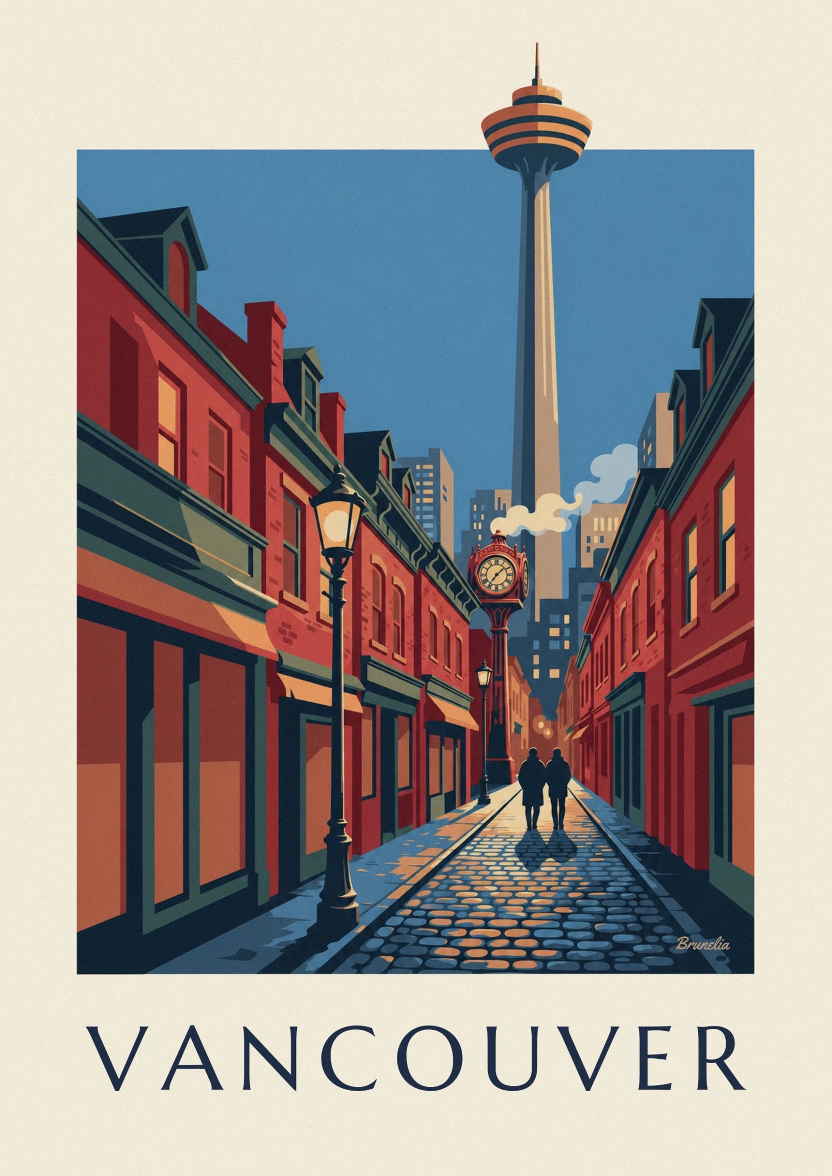 L’horloge rouge de Gastown et son panache de vapeur devant les immeubles