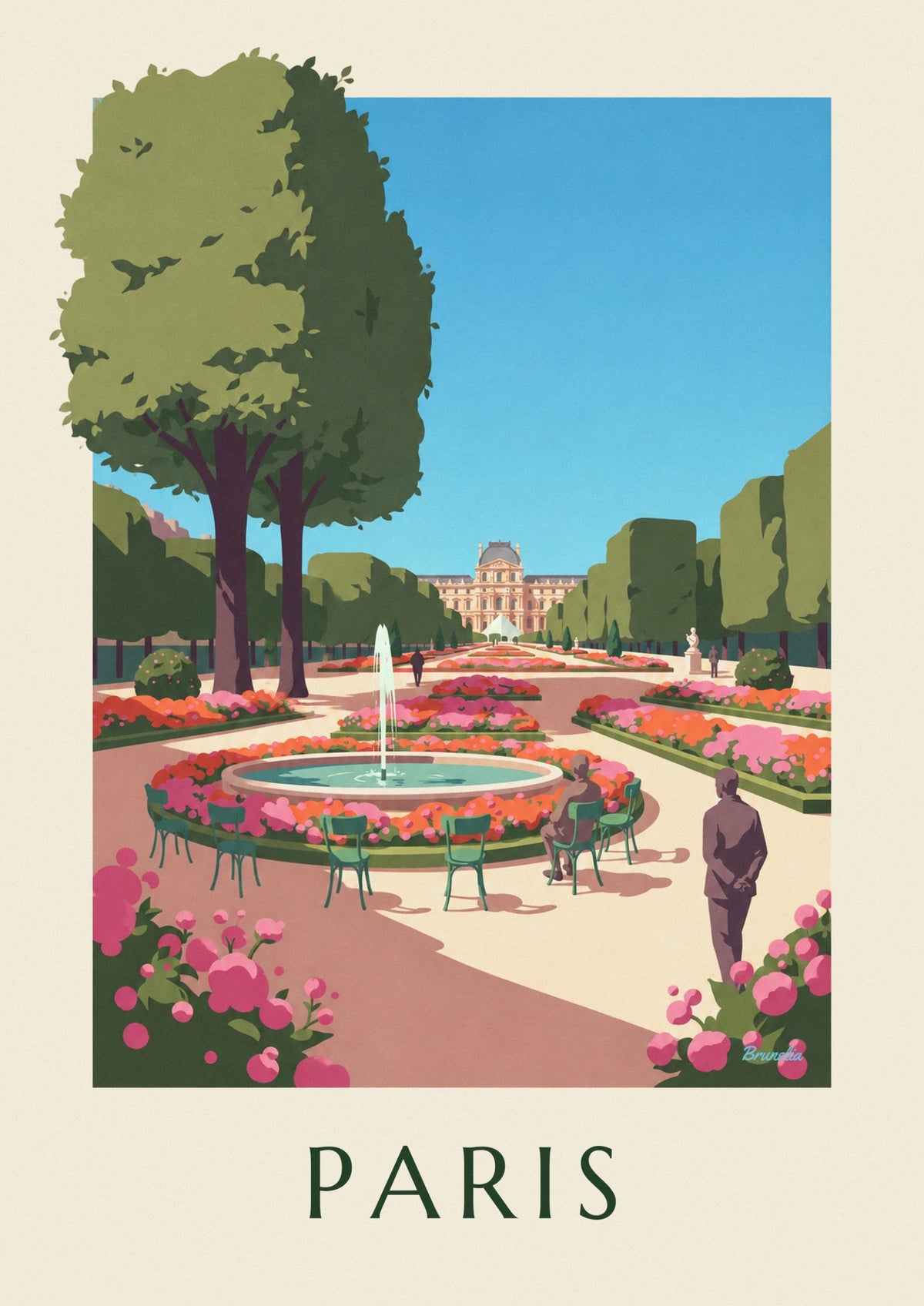 Affiche jardin des Tuileries en fleurs et le Louvre