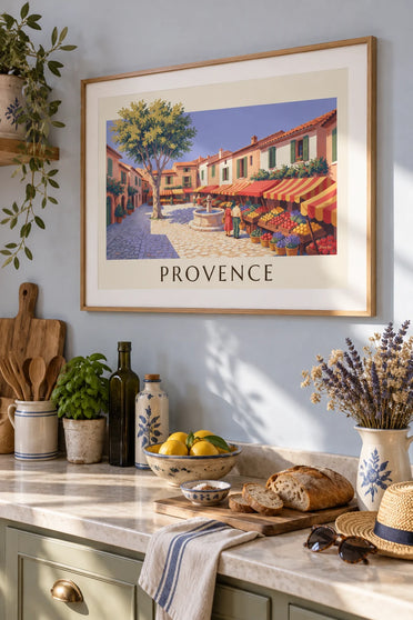 Affiche marché provençal avec étals de fruits et légumes : encadrée au mur