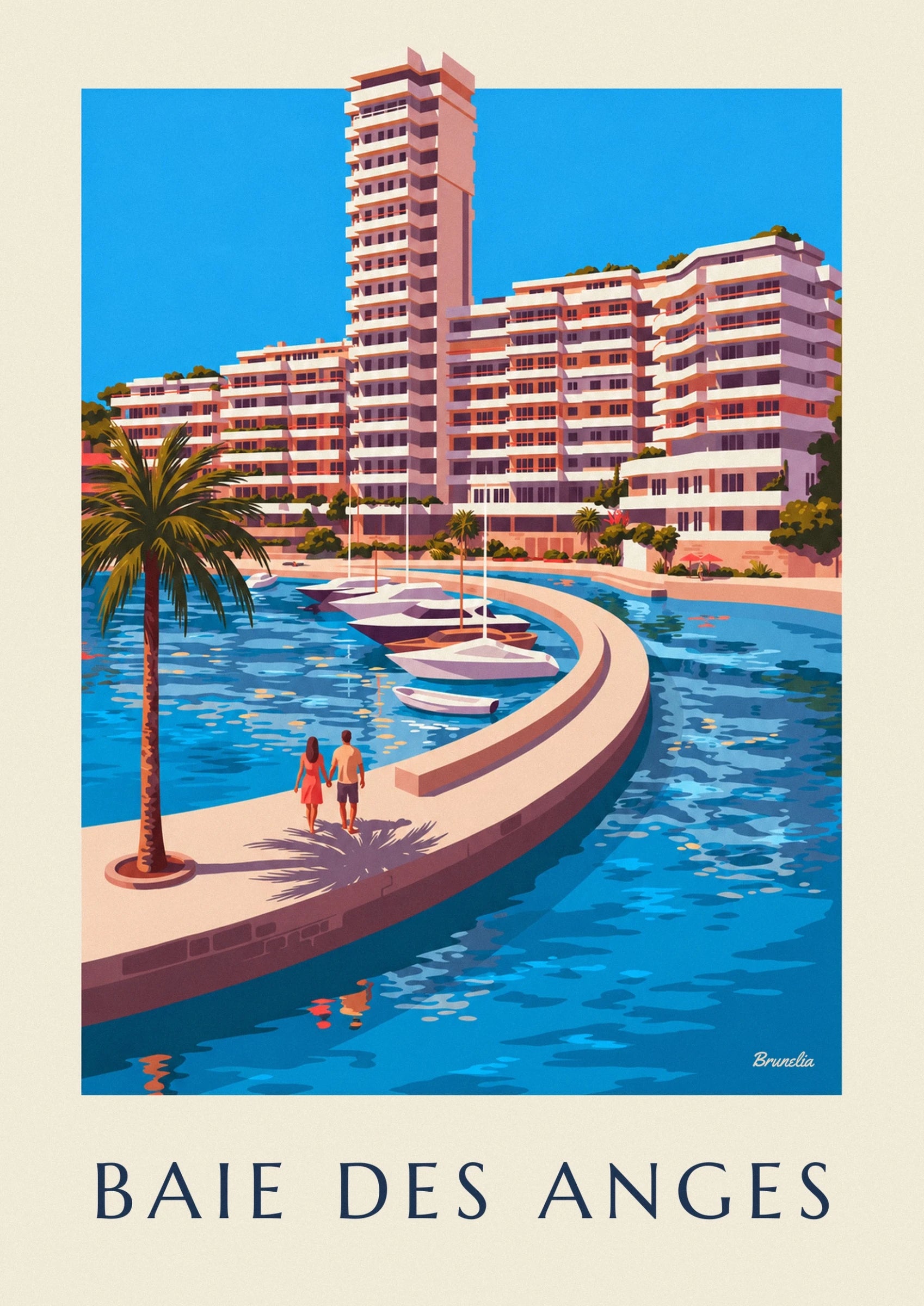 Les façades en gradins et leurs balcons blancs, entre palmiers et parasols rouges