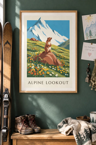 Poster Murmeltier und blühende Alpenlandschaft: gerahmt an der Wand