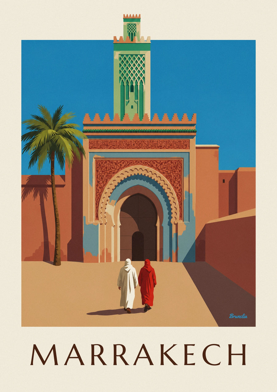 Bab Agnaou gate and minaret in Marrakech poster