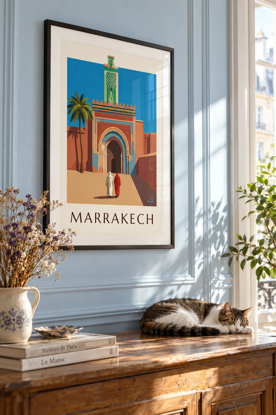 Affiche porte Bab Agnaou et minaret à Marrakech : encadrée au mur