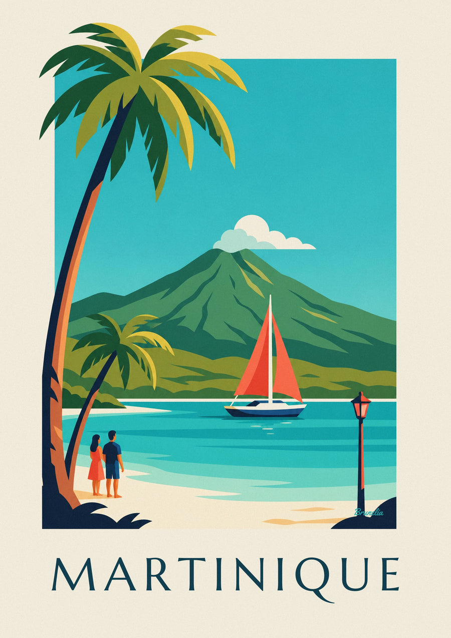 Poster Segelboot in einer Bucht auf Martinique und Montagne Pelée