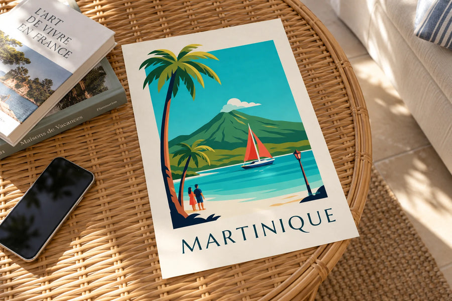 Poster Segelboot in einer Bucht Martiniques und Montagne Pelée: auf einem Tisch