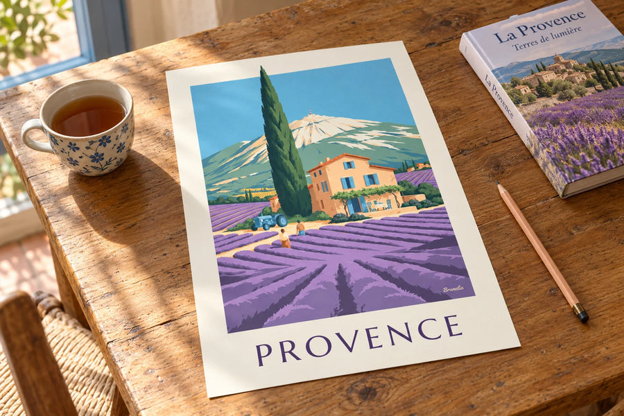 Poster mit provenzalischem Mas inmitten von Lavendelfeldern: auf einem Tisch